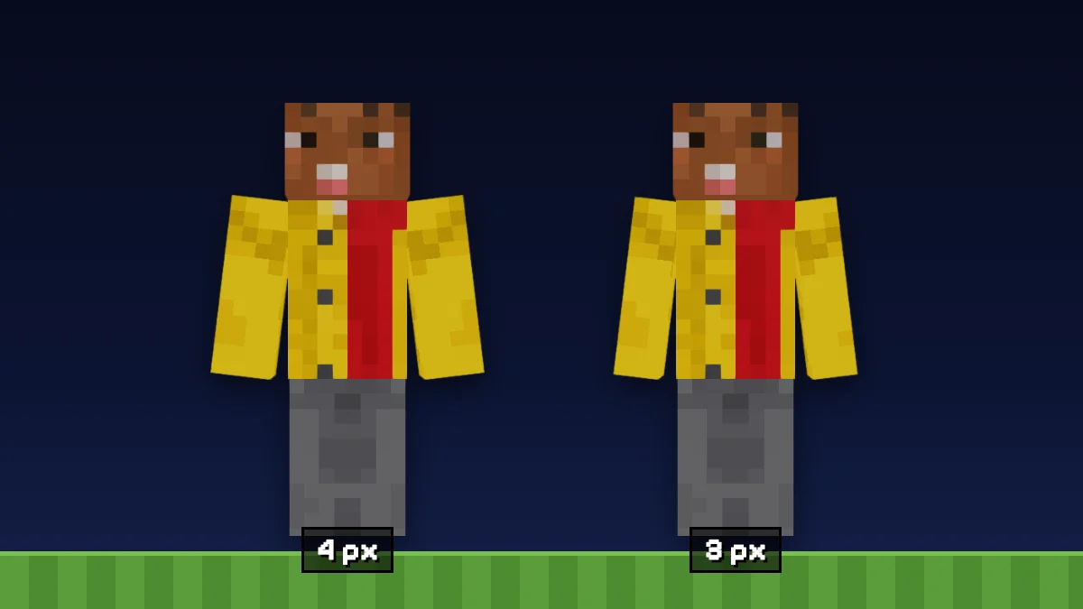 The same skin on the classic model with 4-pixel arms and on the slim model with 3-pixel arms