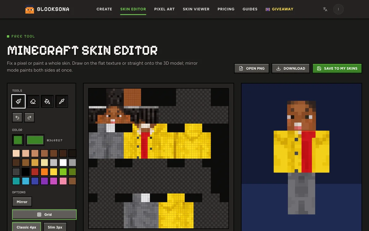 Minecraft skin editor with the tool bar on the left, the flat 64×64 texture in the middle and the 3D model on the right