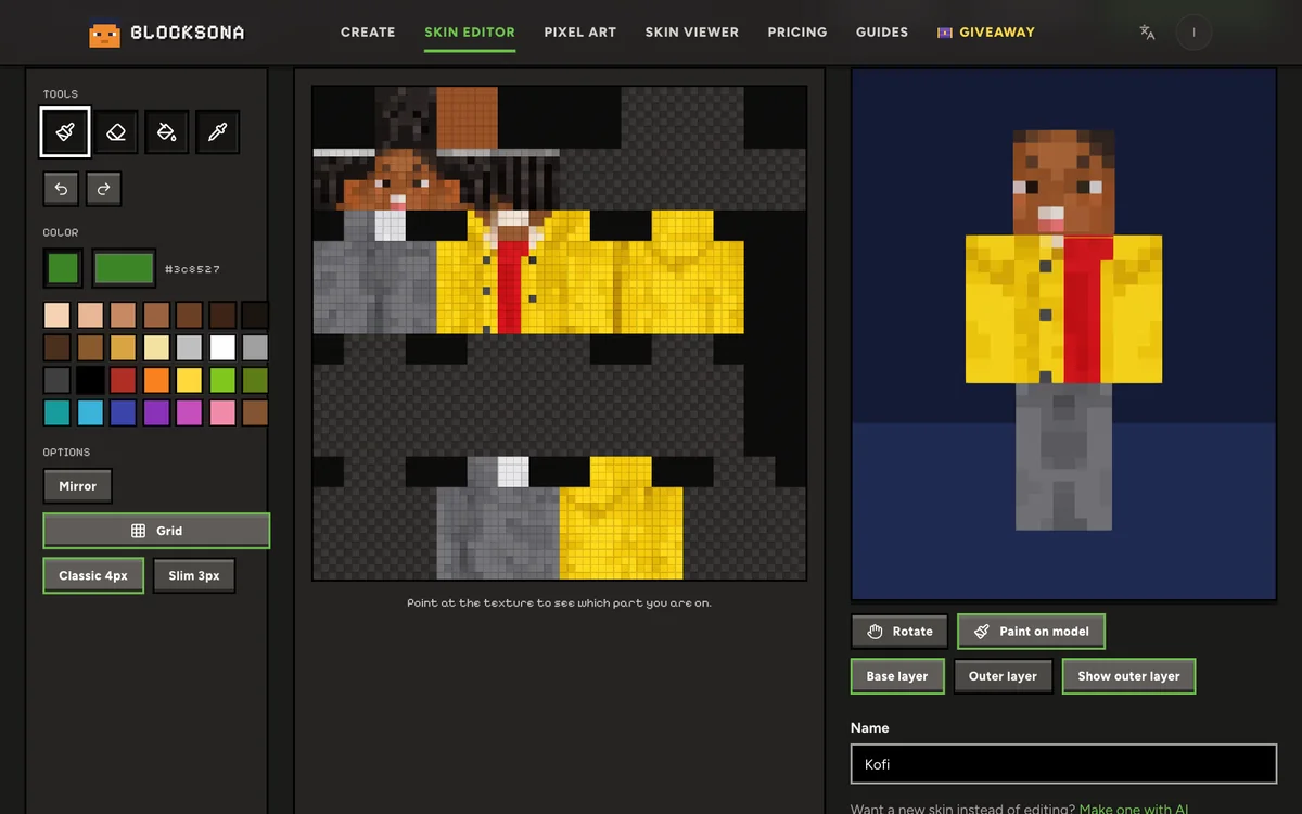 Skin editor with Paint on model switched on, painting straight onto the 3D model