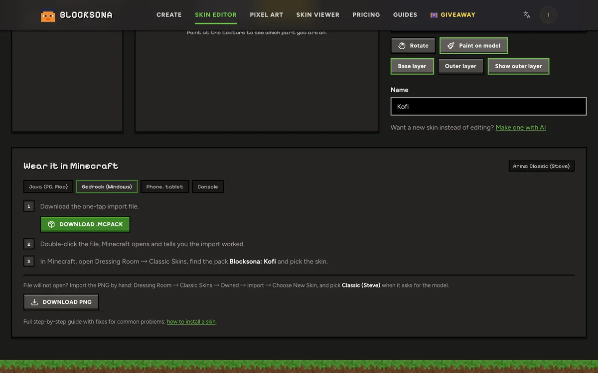 The Wear it in Minecraft panel on the Bedrock tab with the Download .mcpack button