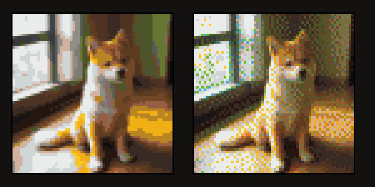 The same pixel art with dithering off, in flat areas of color, and with dithering on, in mixed blocks