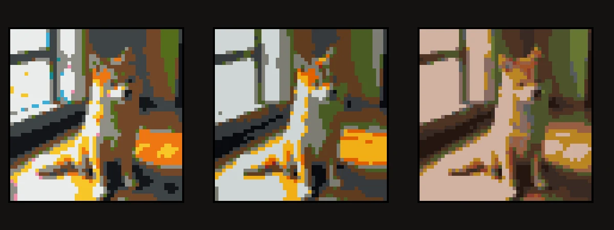 The same picture as Minecraft pixel art three times: in wool, in concrete and in terracotta