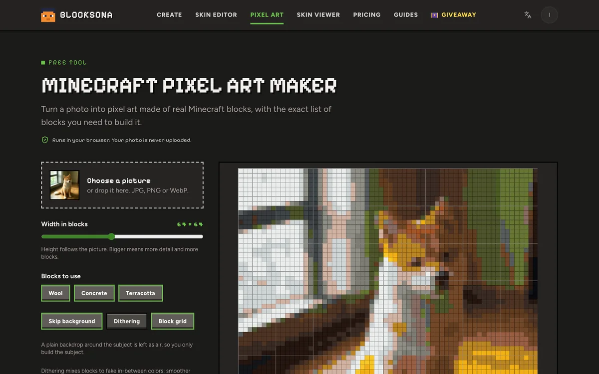 Minecraft pixel art maker turning a photo into blocks, with the block grid and the list of blocks needed