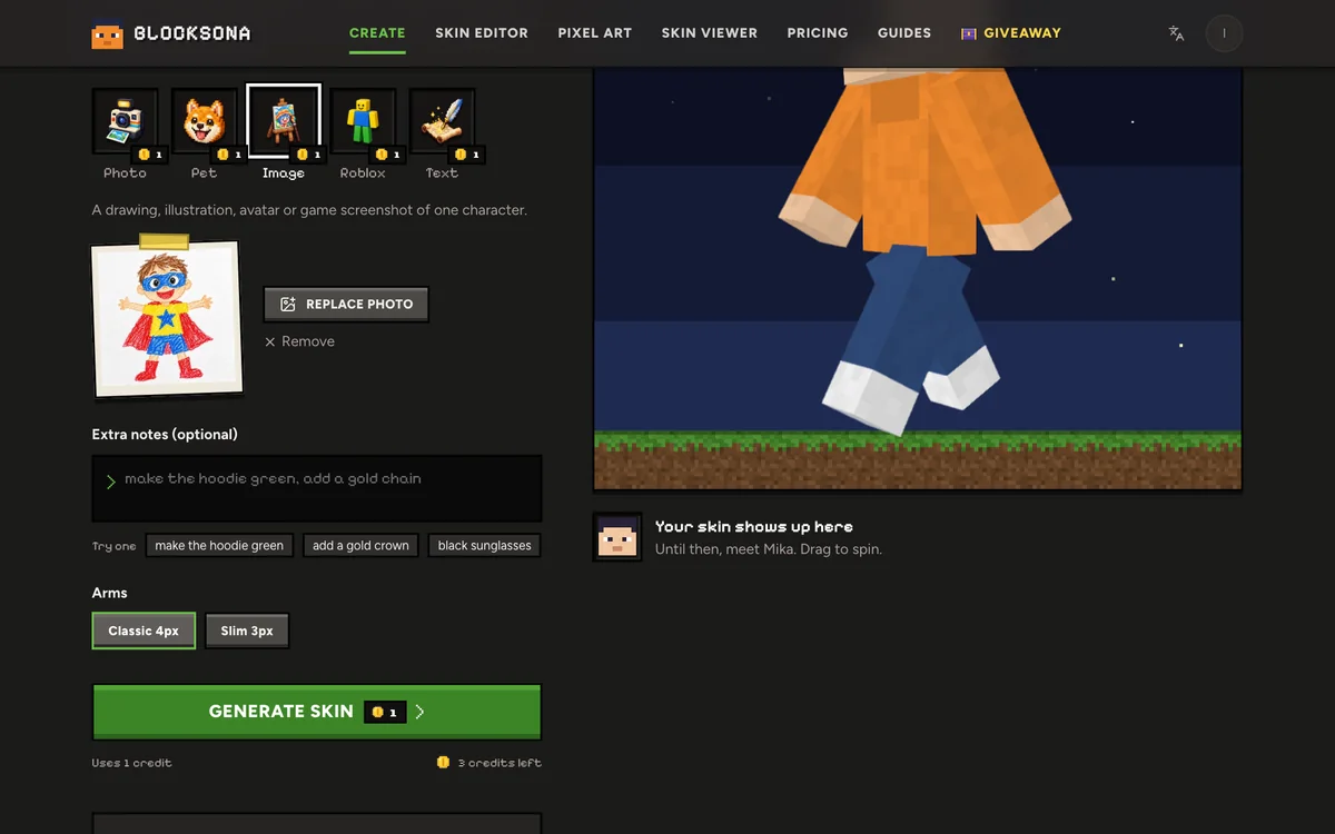 Workbench in Image mode with a character drawing uploaded, the Extra notes box and the arm choice below it