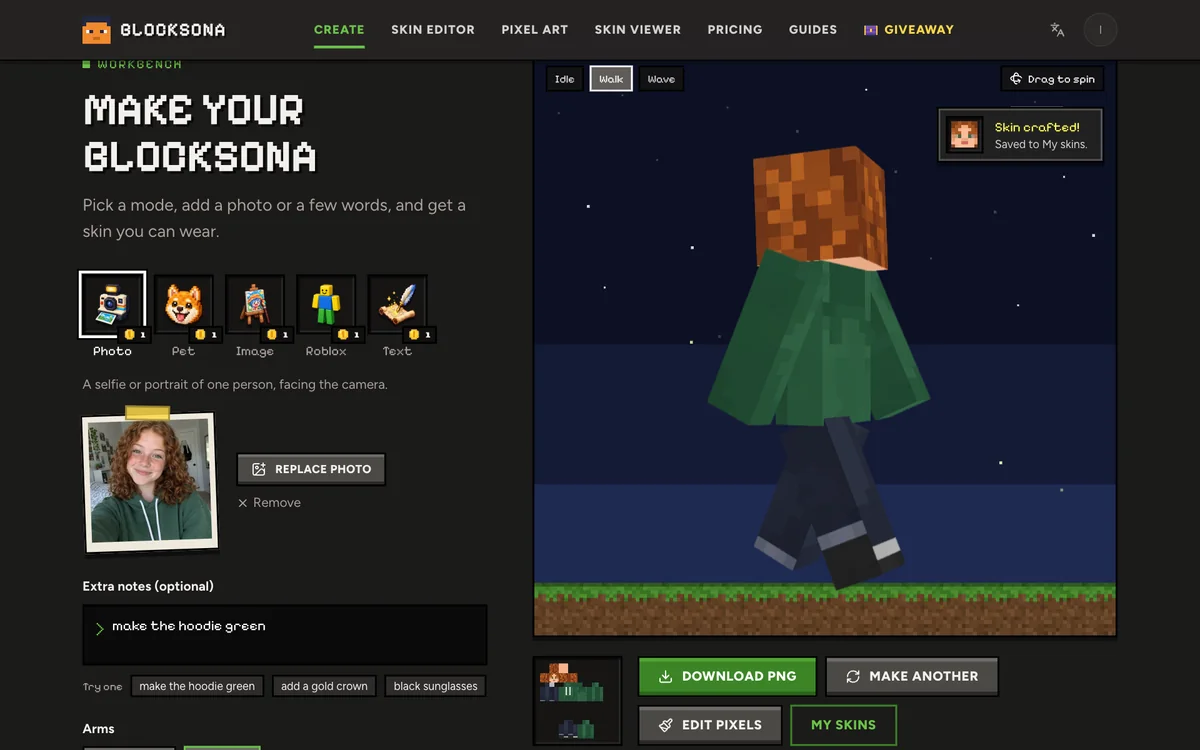 A finished skin on the Workbench with the 3D preview, the flat 64×64 texture and the download buttons