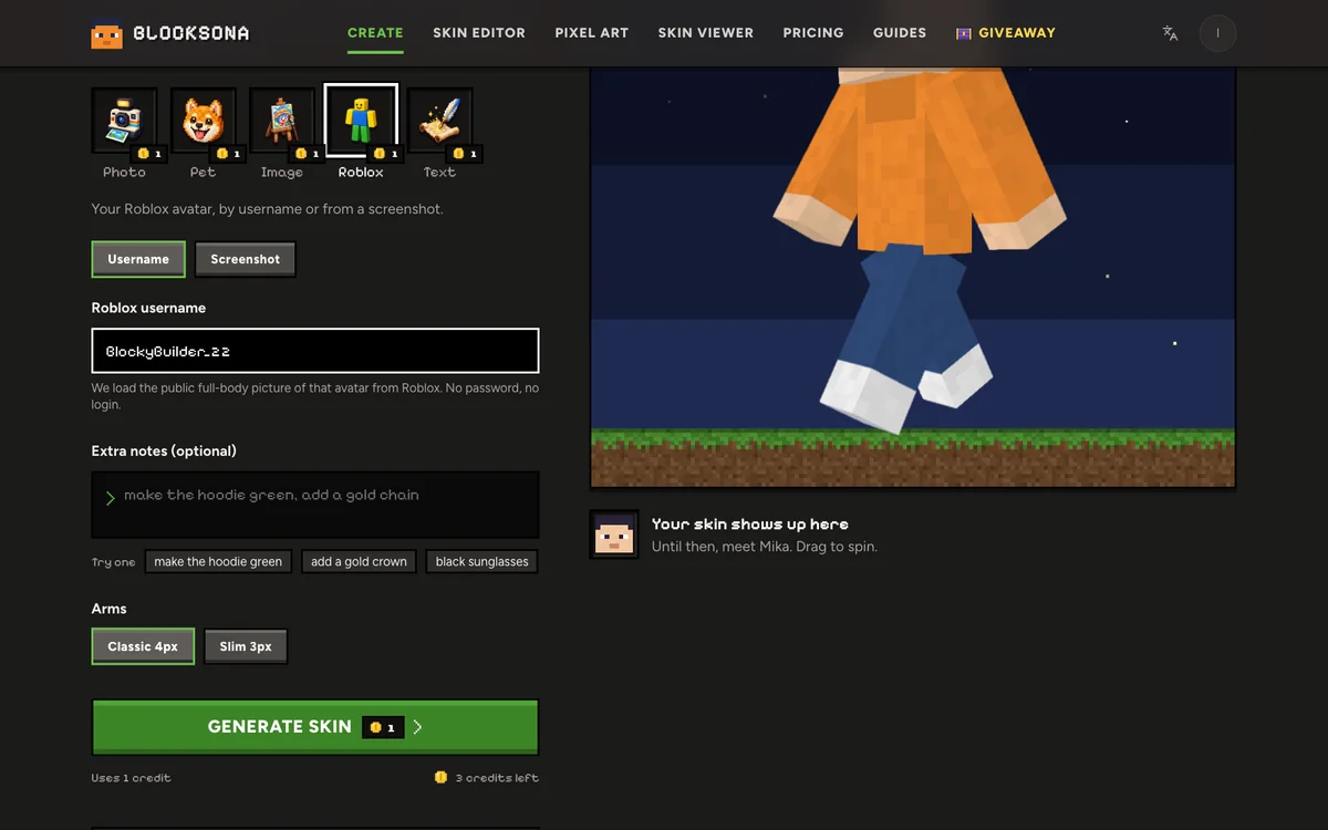 Workbench in Roblox mode with a name typed into the Roblox username box