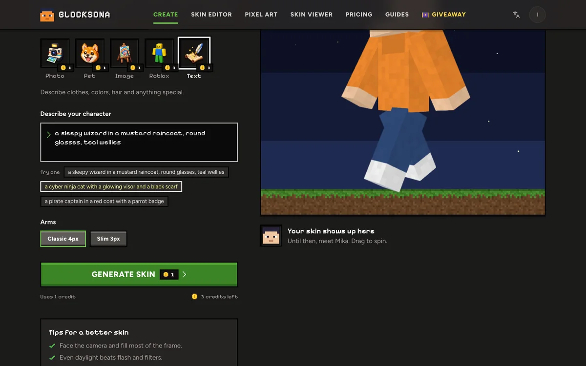 Workbench in Text mode with a character description typed in