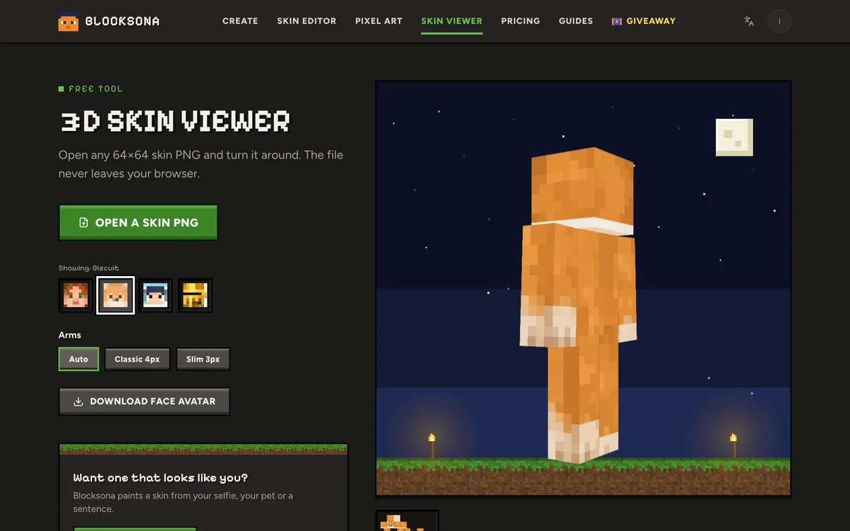 3D skin viewer with a skin on the player model, the sample heads and the arm buttons beside it